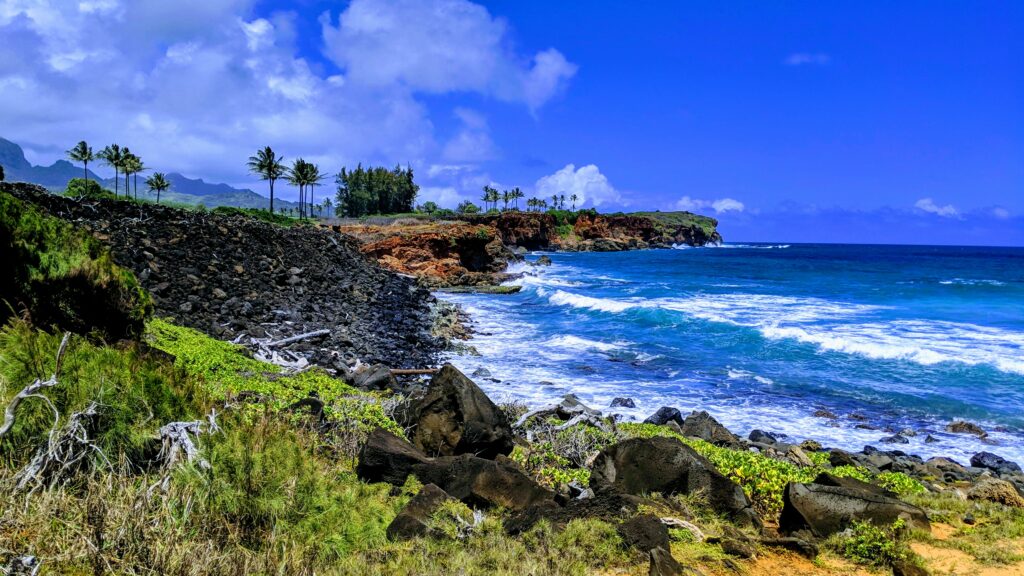 Ocean shoreline view of Punahoa Point on the Maha'ulepu Heritage Trail.