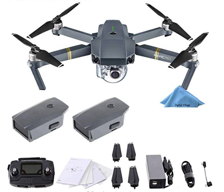 DJI Mavic Pro 4K Quadcopter drone with Remote Controller, 2 Batteries, with 1-Year Warranty - Gray.