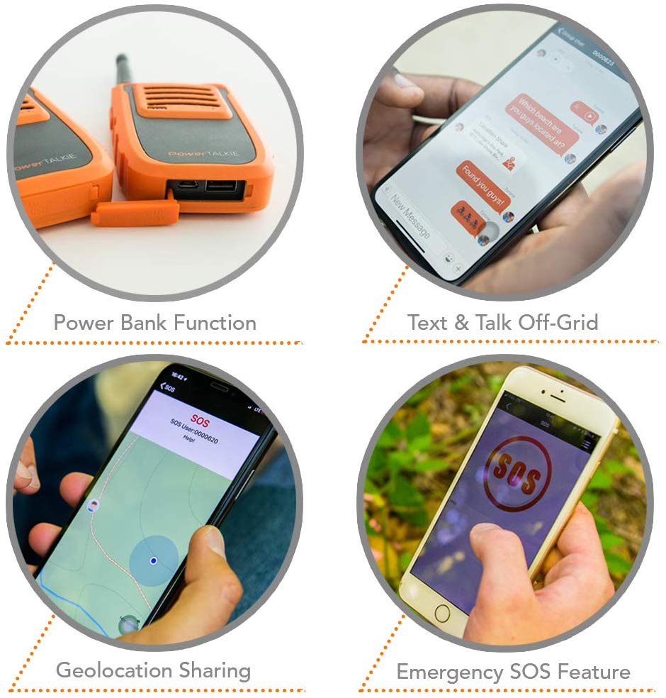 PowerTalkie features showing power bank function for charging cell phone, talk and text interface, offline GPS mapping and emergency SOS.