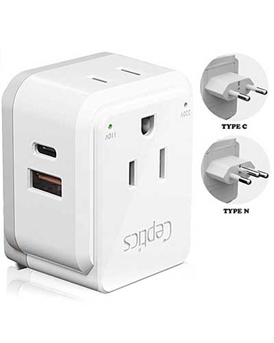 Shop on Amazon Brazil Travel Plug Adapter, Dual USB & USB-C 3.1A - 2 USA Socket - Compact & Powerful - Also Use in Peru, Chile.