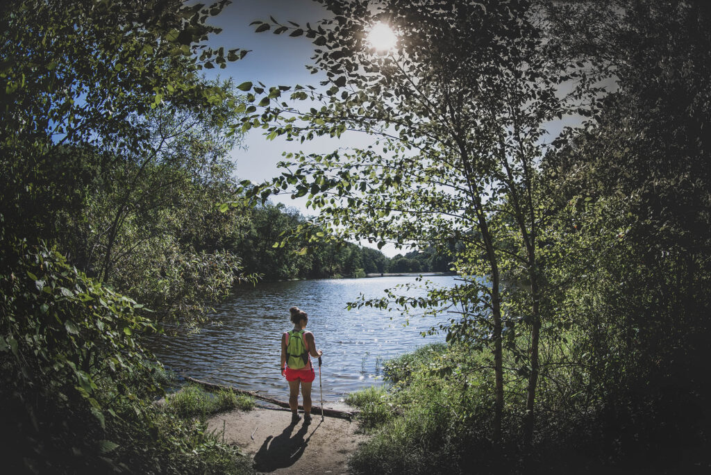 Woman hiker overlooking Strahl Lake surrounded by forest.