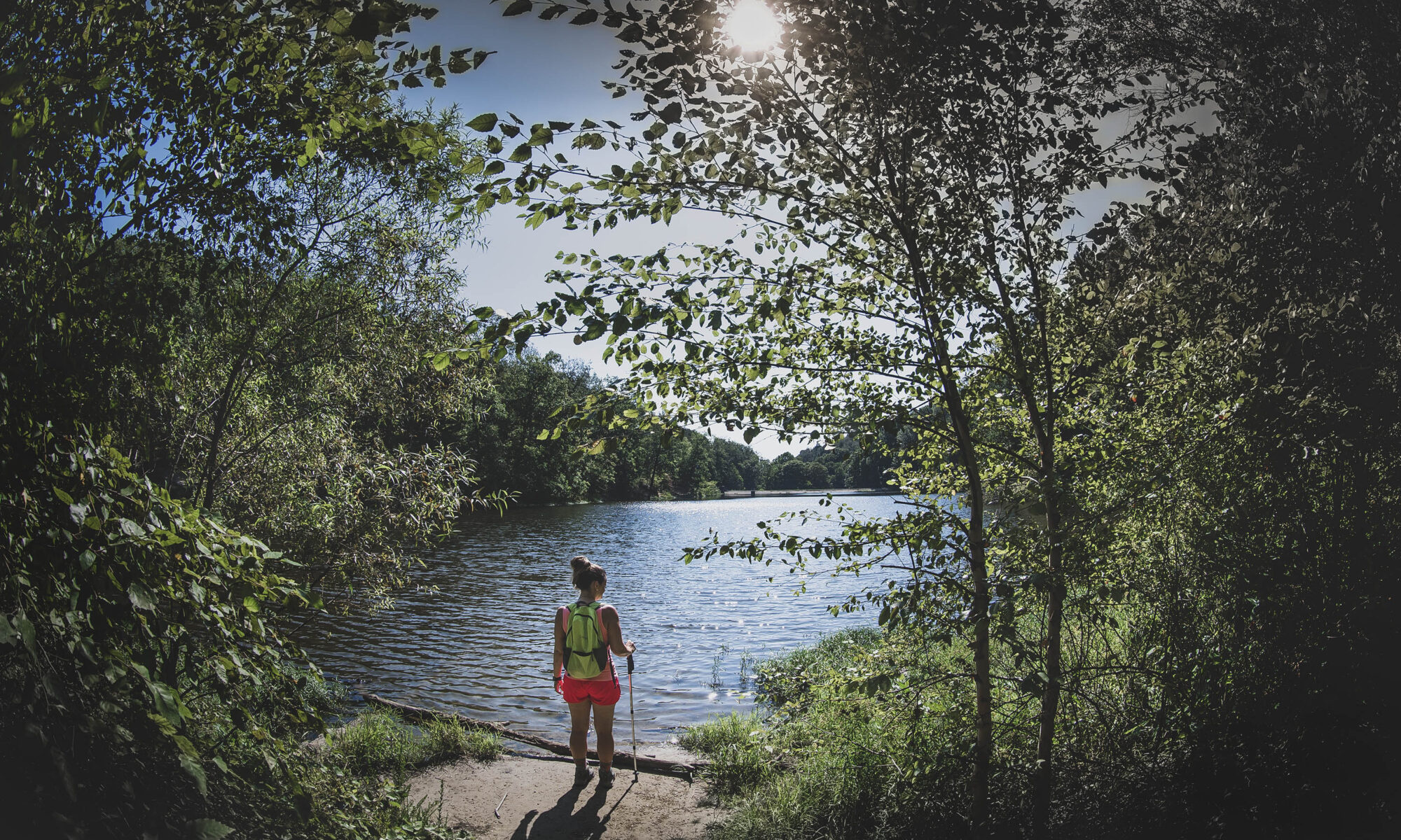 Woman hiker overlooking Strahl Lake surrounded by forest.